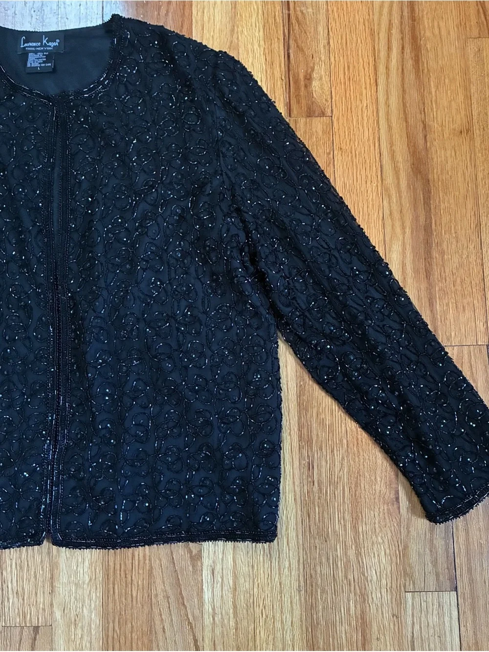 VTG Laurence Kazar Black Beaded Sequin Silk Open Front Lined Jacket Women’s L